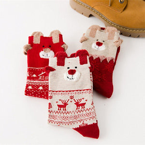 Christmas Cartoon Jacquard Cotton Women's Socks, 3 Sets