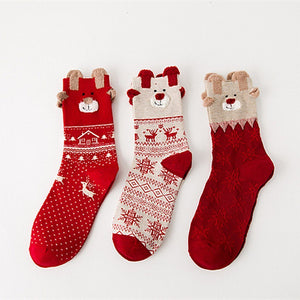 Christmas Cartoon Jacquard Cotton Women's Socks, 3 Sets