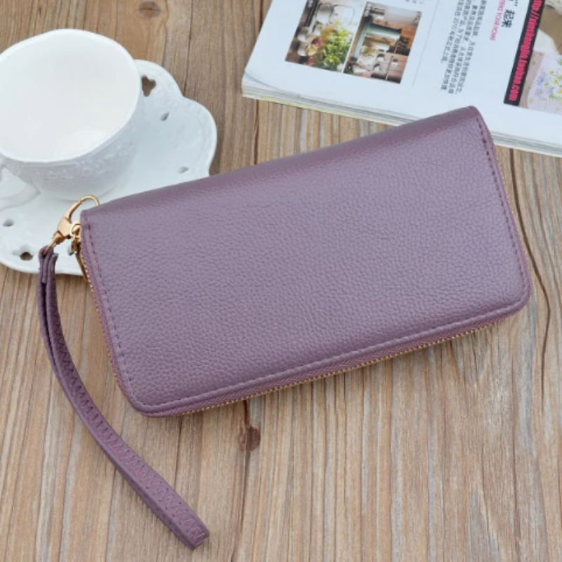 Women Double Zipper Leather Brand Retro Long Wallet