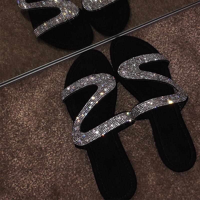 Women Shiny Slippers Casual Embellished Toe Post Shoes