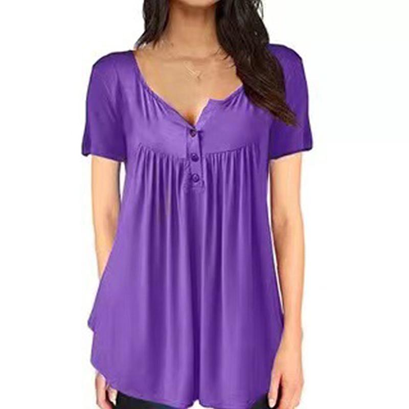 Women Plain Ruched Button T-Shirt