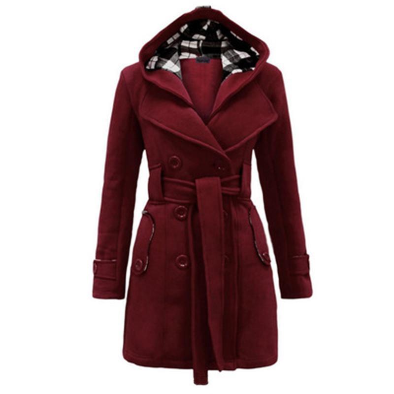 Women Double Breasted Slim Hoodie Solid Casual Long Pea Coat with Belt