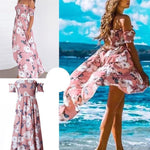 Load image into Gallery viewer, Off Shoulder Shirred Slit Floral Maxi Dress
