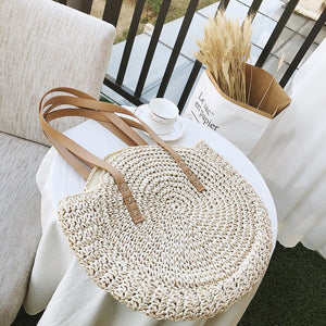 Hand Woven Round Ladies Bohemian Summer Straw Beach Bag