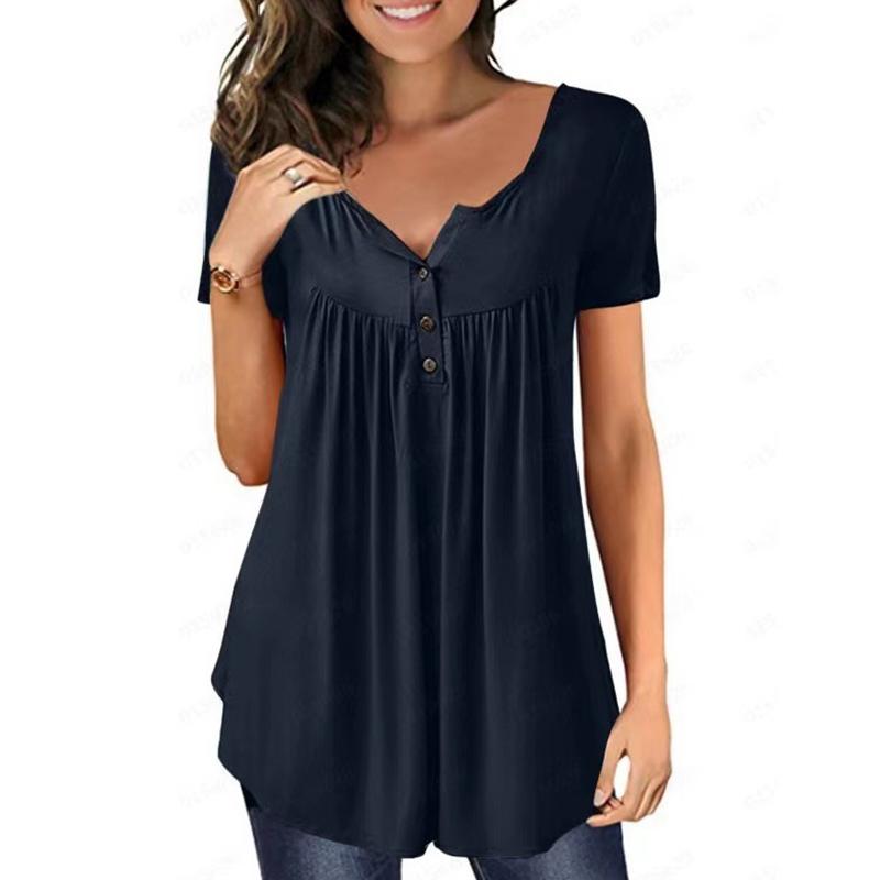 Women Plain Ruched Button T-Shirt