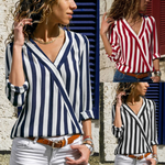 Load image into Gallery viewer, Women Shirt V-neck Striped Print Blouse
