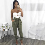 Load image into Gallery viewer, Women Solid Loose Pants Casual High Waist Belt Pocket Bow Tie Ruffles Trousers
