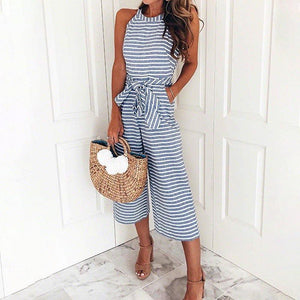 Women Summer Striped Sleeveless Back Zipper Jumpsuits