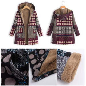 Dotted coat with hood and patchwork pattern