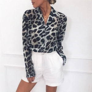 Women Long Sleeve Sexy Leopard Print Turn Down Collar Blouse