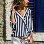 Load image into Gallery viewer, Women Shirt V-neck Striped Print Blouse
