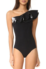 Load image into Gallery viewer, New Layered Ruffle One Shoulder One Piece Swimsuit in Black.MC
