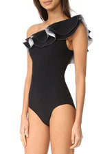 Load image into Gallery viewer, New Layered Ruffle One Shoulder One Piece Swimsuit in Black.MC
