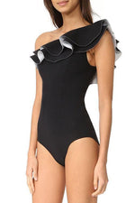 Load image into Gallery viewer, New Layered Ruffle One Shoulder One Piece Swimsuit in Black.MC
