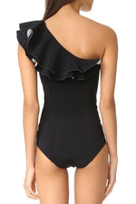 Load image into Gallery viewer, New Layered Ruffle One Shoulder One Piece Swimsuit in Black.MC
