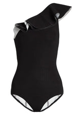 Load image into Gallery viewer, New Layered Ruffle One Shoulder One Piece Swimsuit in Black.MC
