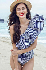 Load image into Gallery viewer, New Cutout Back Layered Ruffle One Shoulder One Piece Swimsuit in Stripe.MC
