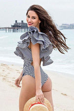 Load image into Gallery viewer, New Cutout Back Layered Ruffle One Shoulder One Piece Swimsuit in Stripe.MC
