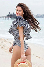 Load image into Gallery viewer, New Cutout Back Layered Ruffle One Shoulder One Piece Swimsuit in Stripe.MC
