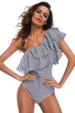 Load image into Gallery viewer, New Cutout Back Layered Ruffle One Shoulder One Piece Swimsuit in Stripe.MC
