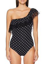 Load image into Gallery viewer, New Polka Dot Lace Splicing Ruffle Swimsuit in Black.AQ
