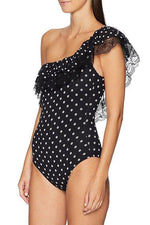 Load image into Gallery viewer, New Polka Dot Lace Splicing Ruffle Swimsuit in Black.AQ
