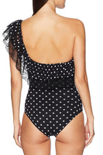 Load image into Gallery viewer, New Polka Dot Lace Splicing Ruffle Swimsuit in Black.AQ
