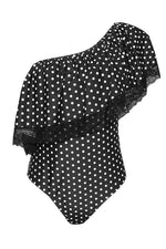 Load image into Gallery viewer, New Polka Dot Lace Splicing Ruffle Swimsuit in Black.AQ
