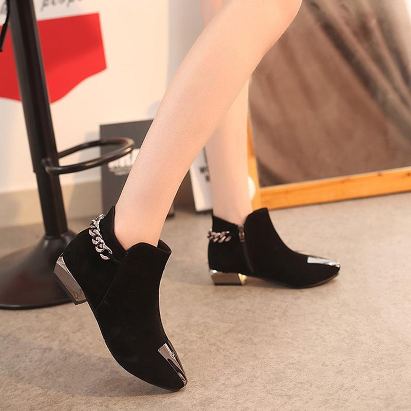 Women Med Square Heel Metal Decoration Ankle Boots