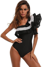 Load image into Gallery viewer, New Contrast Meshlet Ruffle One Shoulder One Piece Swimsuit in Black.AQ
