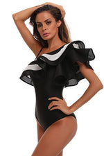 Load image into Gallery viewer, New Contrast Meshlet Ruffle One Shoulder One Piece Swimsuit in Black.AQ
