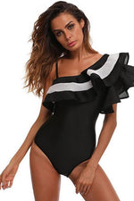 Load image into Gallery viewer, New Contrast Meshlet Ruffle One Shoulder One Piece Swimsuit in Black.AQ
