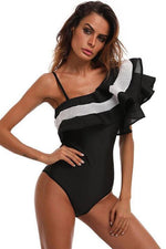 Load image into Gallery viewer, New Contrast Meshlet Ruffle One Shoulder One Piece Swimsuit in Black.AQ
